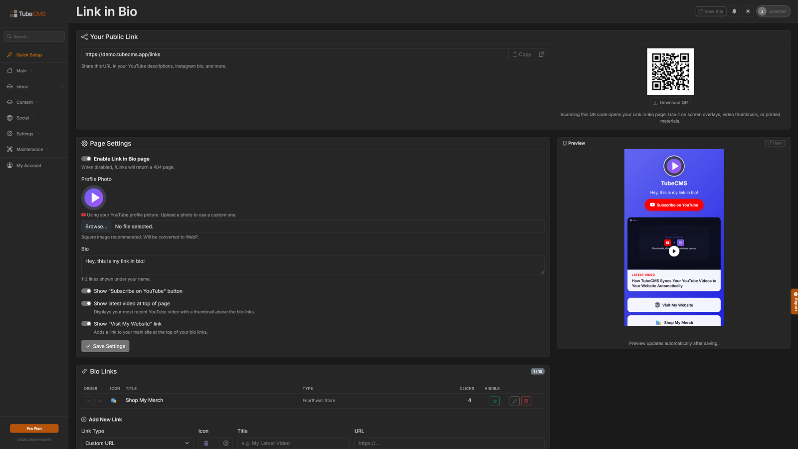 TubeCMS link-in-bio editor with live preview