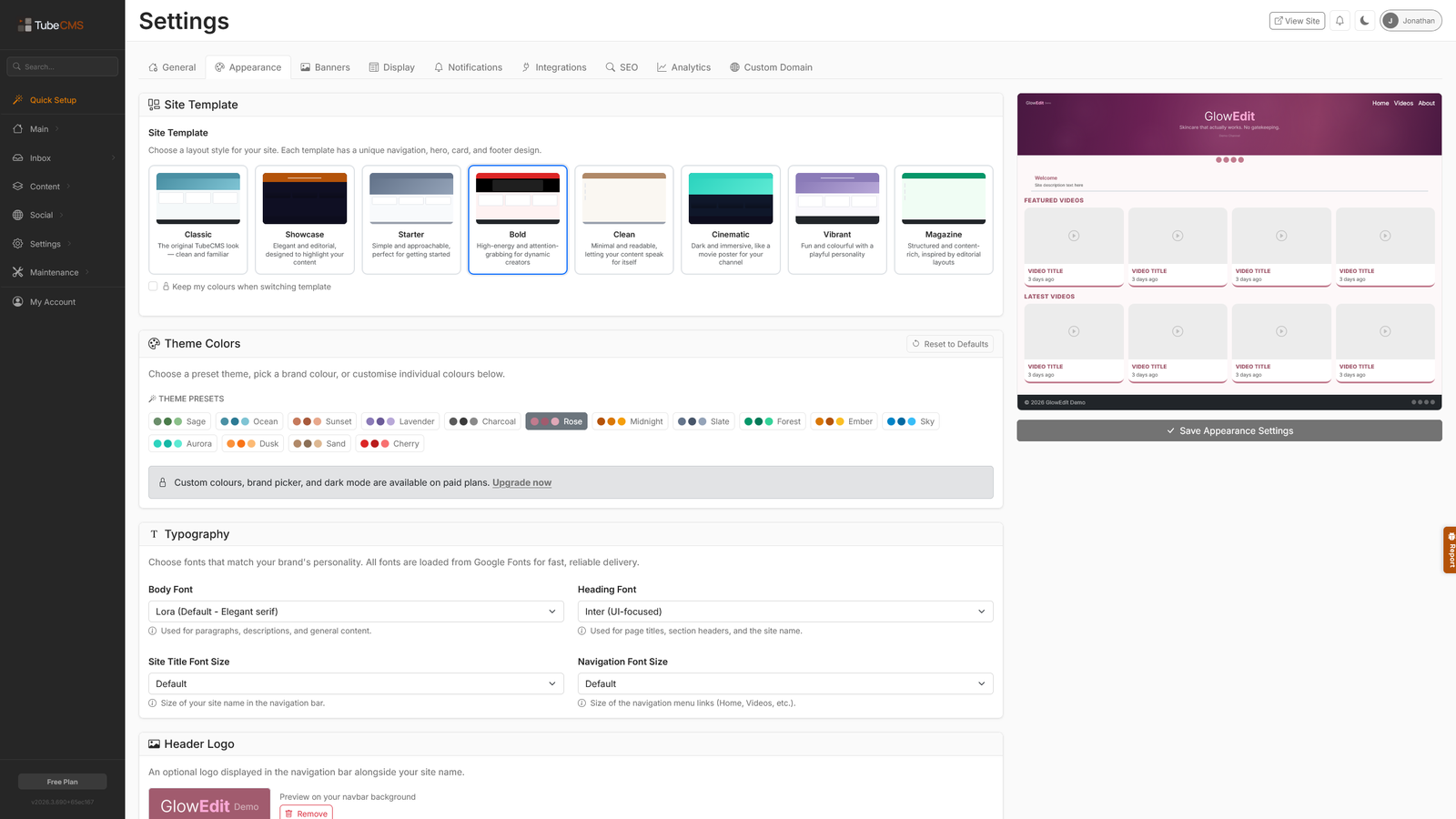 TubeCMS settings panel showing template selection and colour presets