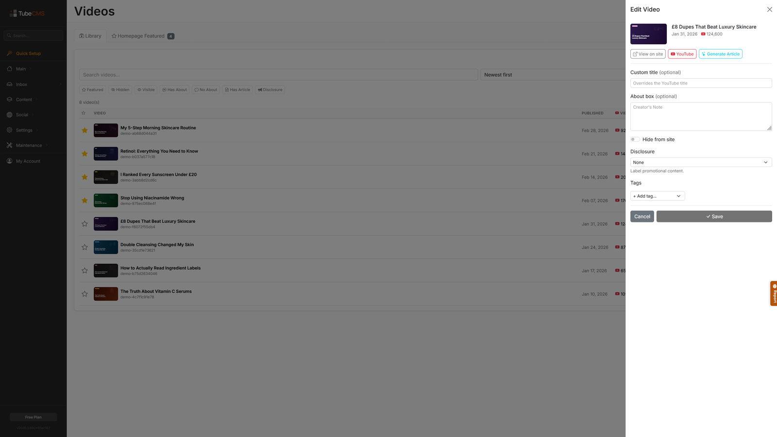 TubeCMS video editor showing AI blog post generation from a video transcript
