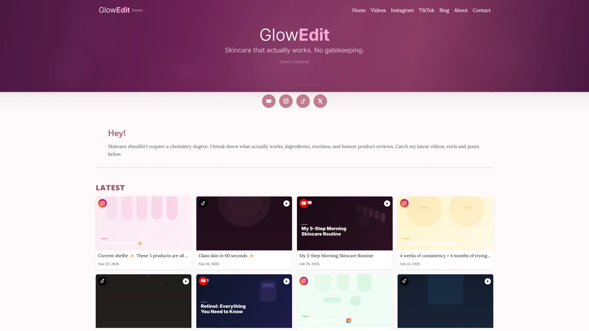 GlowEdit demo site — a beauty channel with unified feed, Instagram, and TikTok