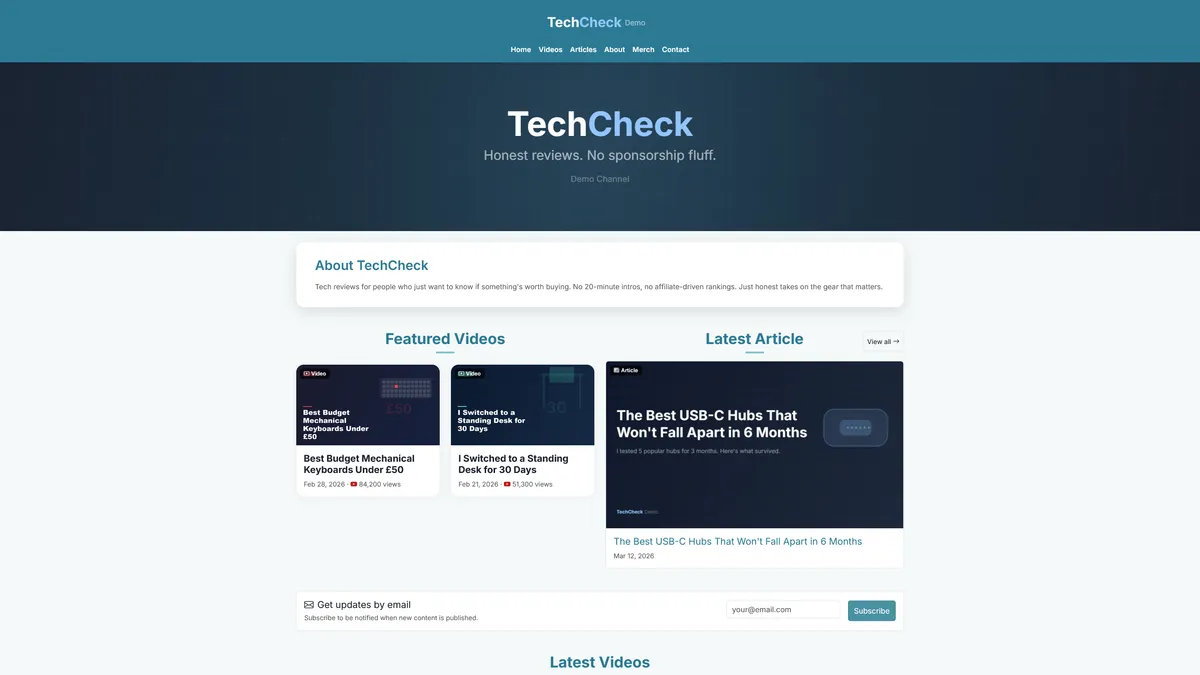 TechCheck demo site — a tech review channel with blog, merch store, and email subscribe